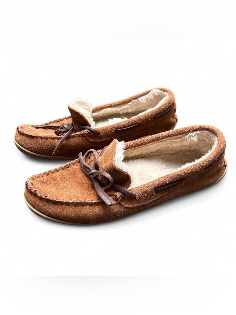 Men’s J Crew brown suede moccasin loafers slippers with fur lining